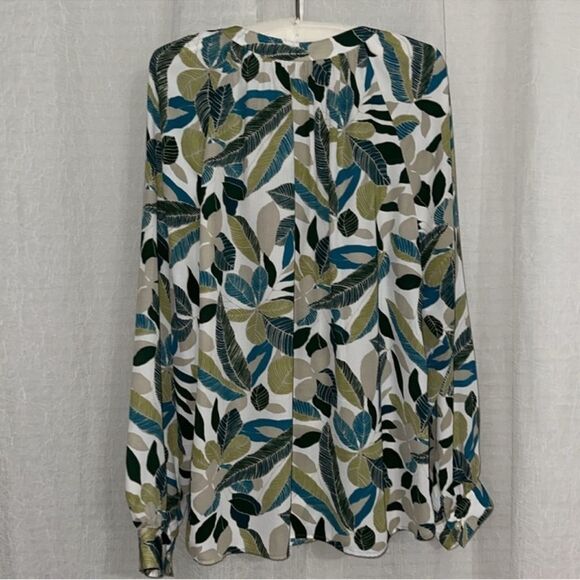 BR XL Beautiful White Green Cream Tropical Leaf Print Long Sleeve Blouse - Picture 4 of 16